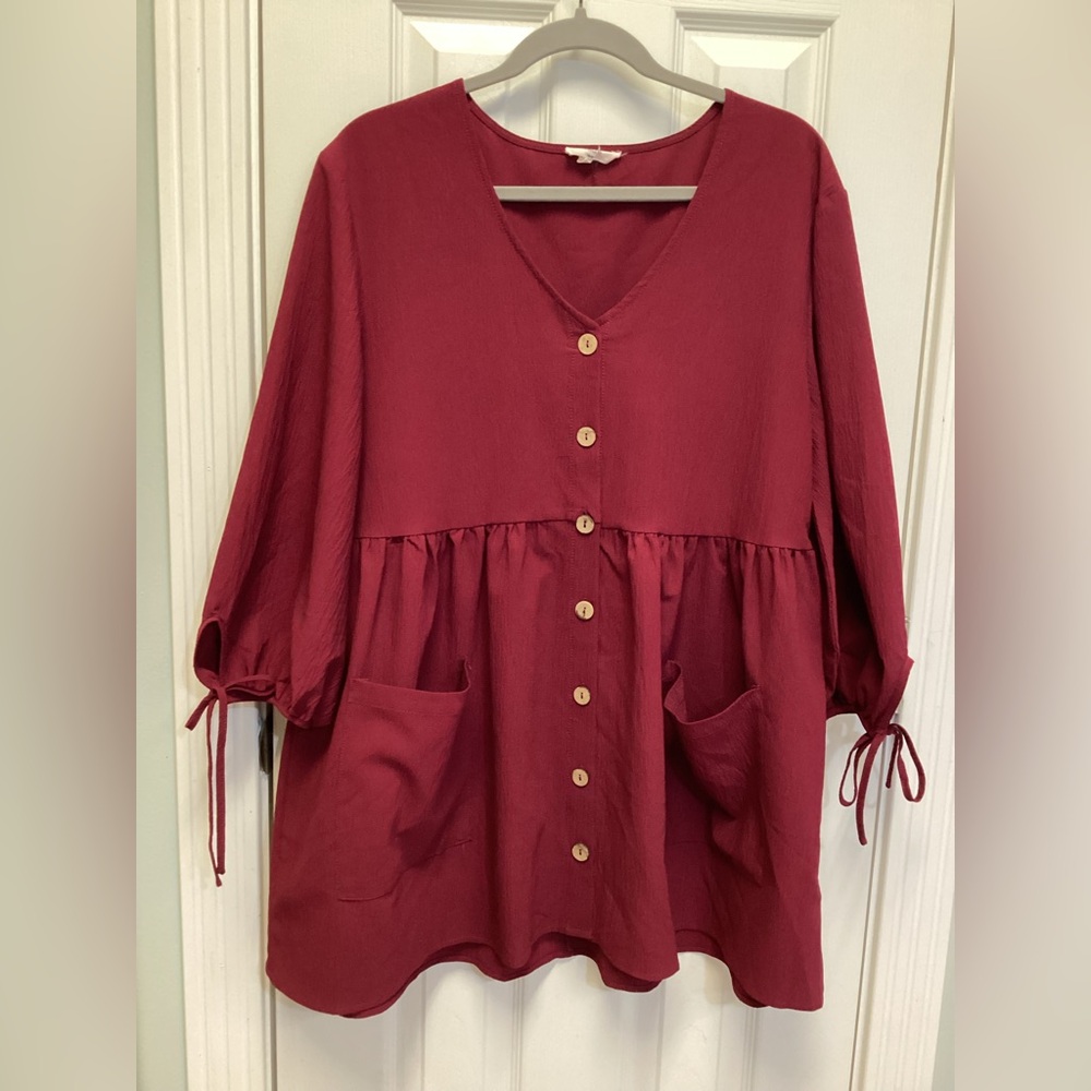 Entro L Women’s Burgundy Tunic Top Babydoll Mini Dress Button Down